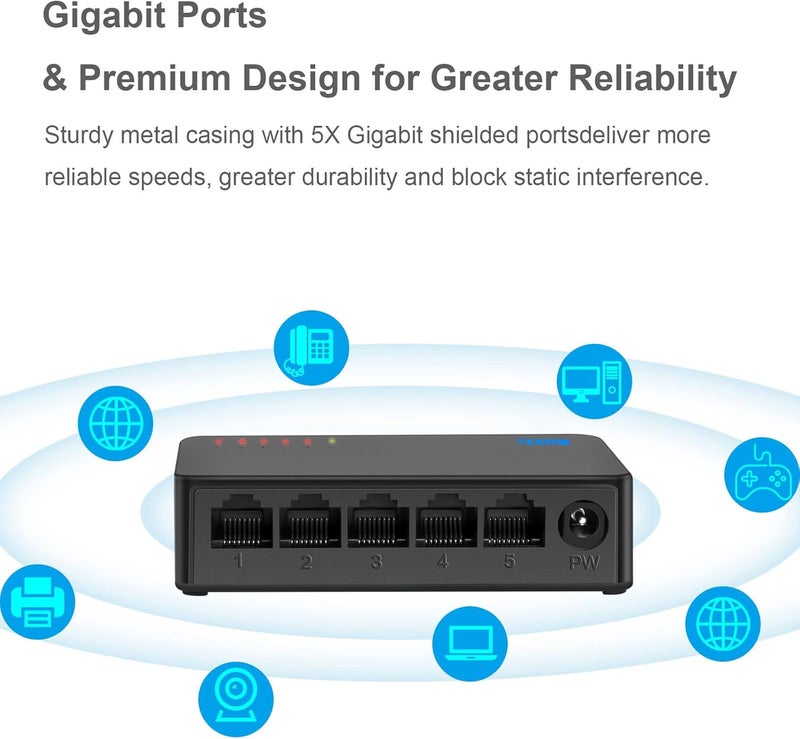 TEROW 5 Port Gigabit Network Switch, Portable Switch | Plug & Play | Fanless Housing, Black， for Home, Office, Ethernet Switches - Image 4